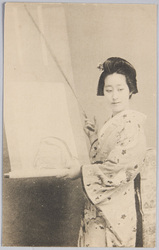 掛軸を掛ける和装女性 / Woman in Kimono Hanging a Hanging Scroll image