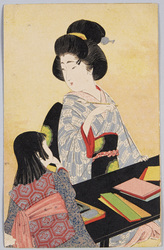 [色紙に向かう和装女性] / [Woman in Kimono in Front of Colored Paper] image