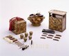 附子箱/Dried Aconite Box: Lacquer Beauty Kit with Hollyhock, Chrysanthemum, and Paulownia Arabesque Motifs in Gold Makie on Cloudlike Clusters of Pearskin Ground (Muranashiji) image